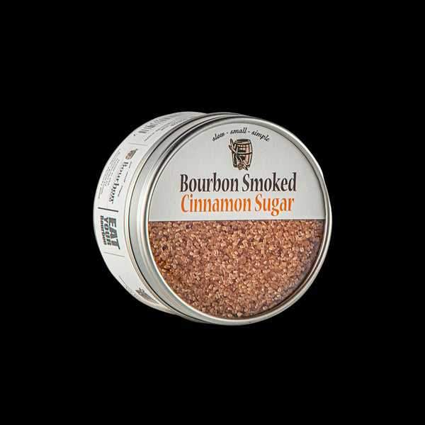 Bourbon Barrel Foods Bourbon Smoked Cinnamon Sugar tin at an angle.